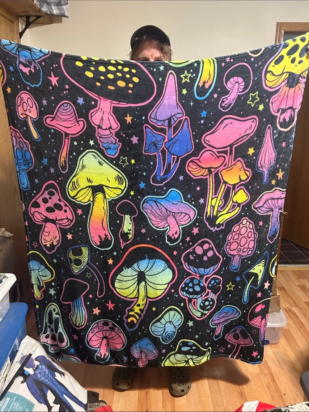 Funky Mushroom-Print Throw Blanket in Neon Colors on Black Background